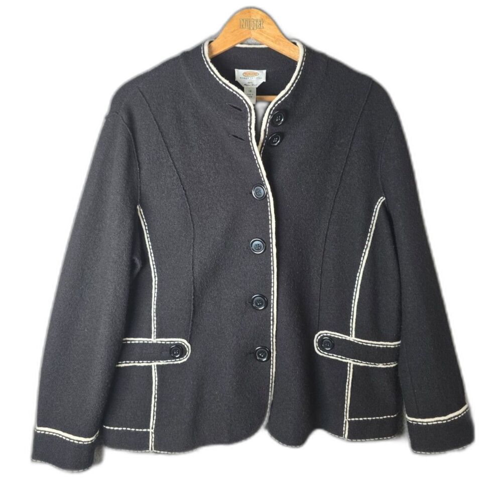 Talbots Woman Petites Merino Wool Cardigan Jacket Black White 1X Preppy